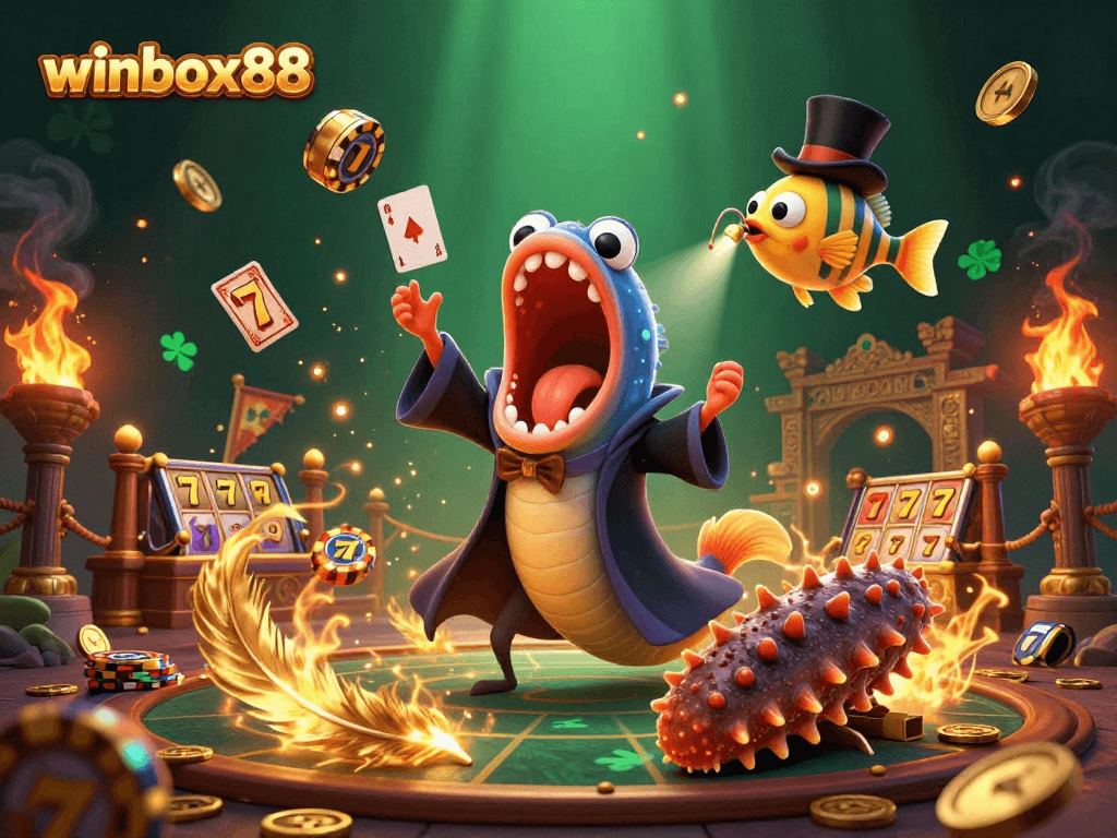 Winbox88’s magic show featuring an eel magician, anglerfish spotlight, and a sea cucumber, all surrounded by casino elements.
