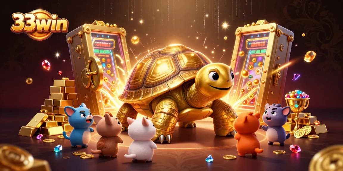 Excitement at 33win casino with a colossal tortoise pinball machine amidst dazzling gold treasures.