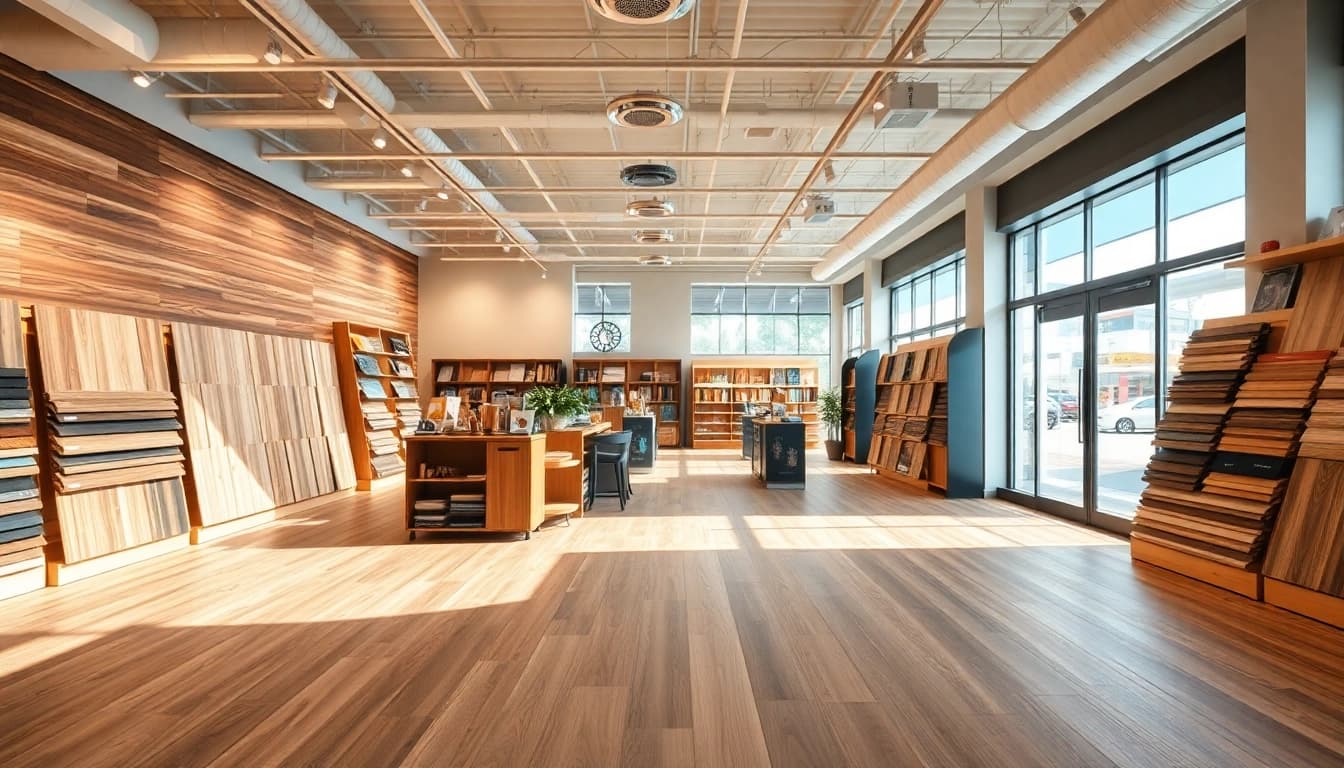 Shop for flooring stores near me showcasing vinyl options in a bright, inviting interior.