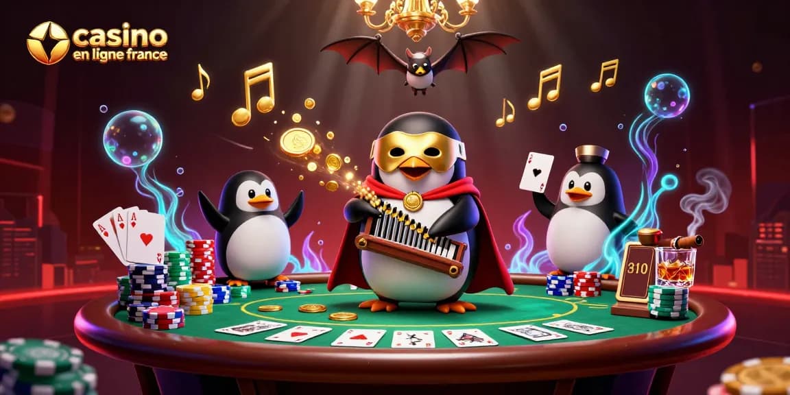 Casino en ligne France : un pingouin jouant d'un orgue en or déversant des pièces.