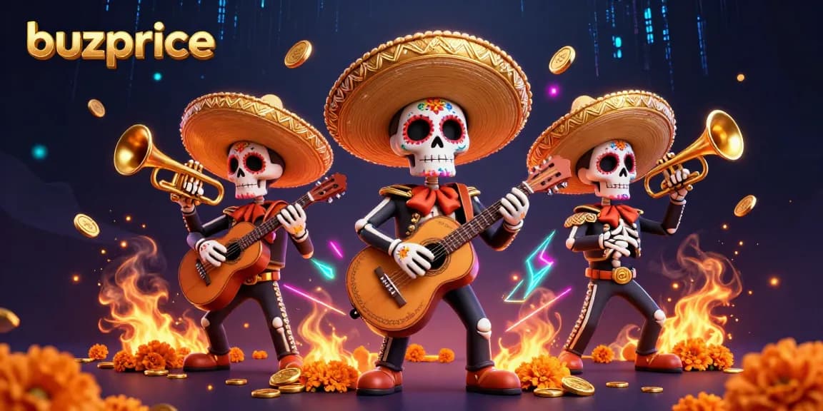 Experience the exciting gameplay at buzprice with vibrant mariachi skeletons in a rich casino scene.