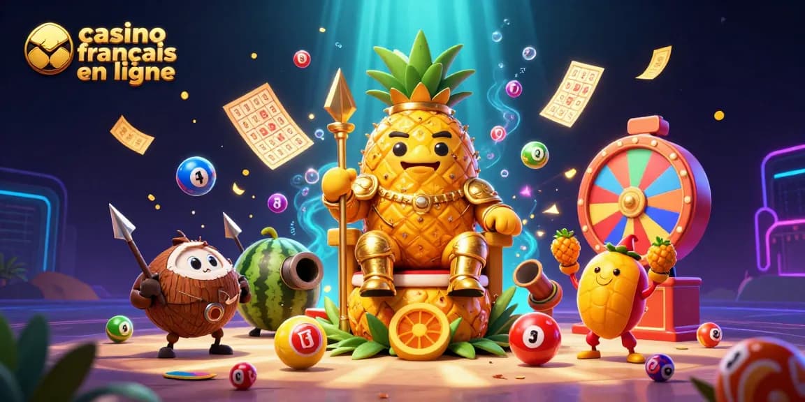 Emportez-vous dans l'univers du casino français en ligne avec un roi ananas doré sur son trône entouré de jeux captivants.