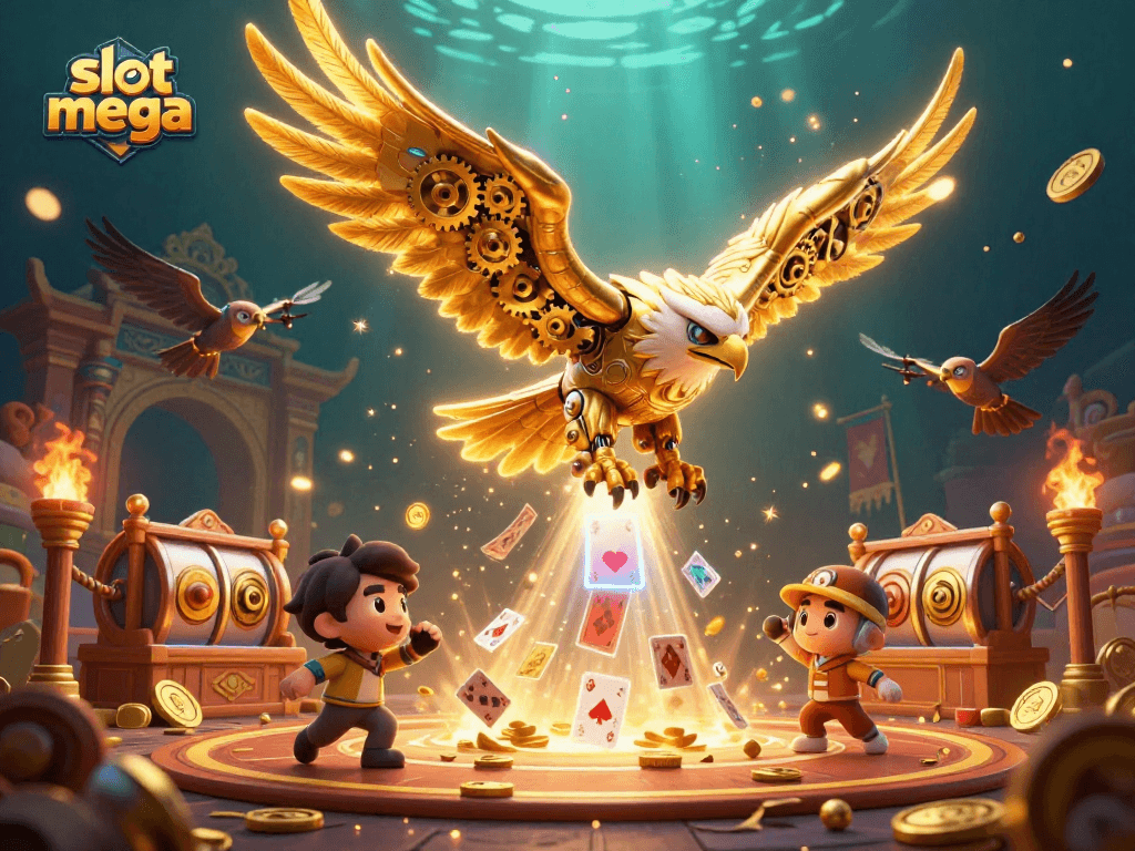 Experience the thrill of slot mega gameplay with a stunning 3D illustration depicting a golden eagle soaring among dynamic gaming elements.