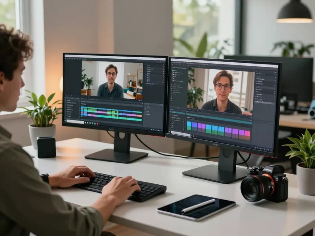 Person converting video to prompt in a modern workspace with dual monitors and creative atmosphere.