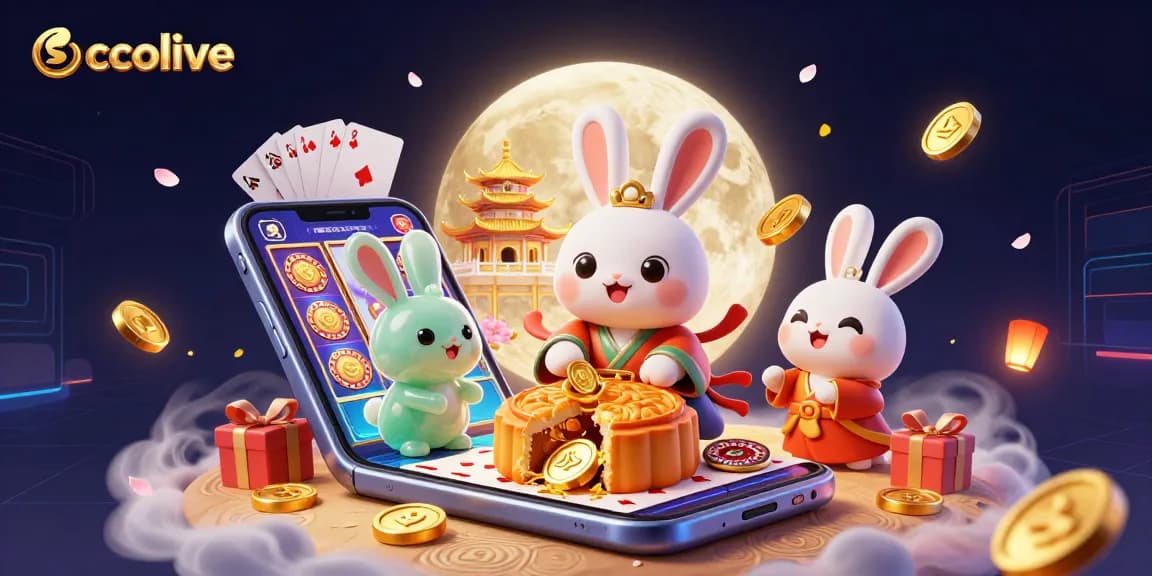 Socolive showcases a moon rabbit gaming scene with poker chips and slot games amidst vibrant elements.