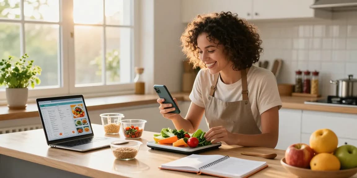 Home cook using the best food tracking app while preparing healthy meals in a sunny kitchen.