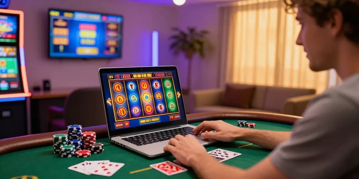 Player enjoying slot deposit 1k games on a laptop in a lively online casino setting.
