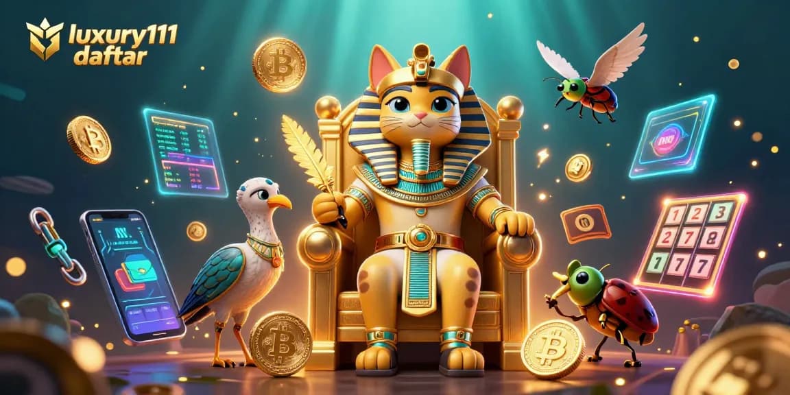 Join the excitement of luxury111 daftar with a vibrant scene featuring a cartoon pharaoh cat and digital gambling elements.