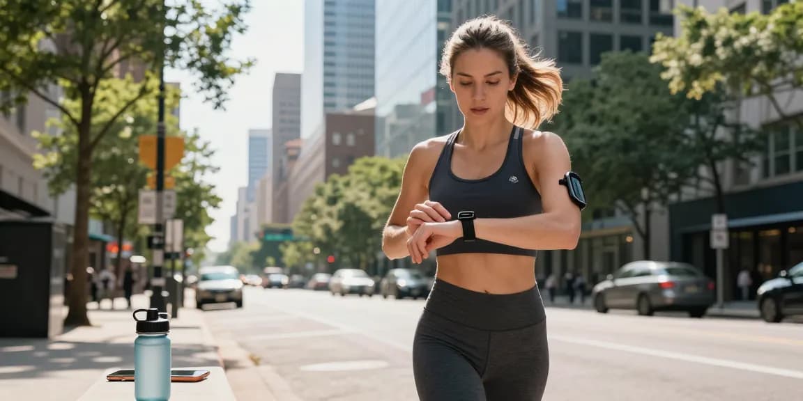 Fitbit Luxe digunakan oleh wanita jogger di kota, menunjukkan https://www.polarfitbitshop.com/fitbit-luxe/ di tangan.