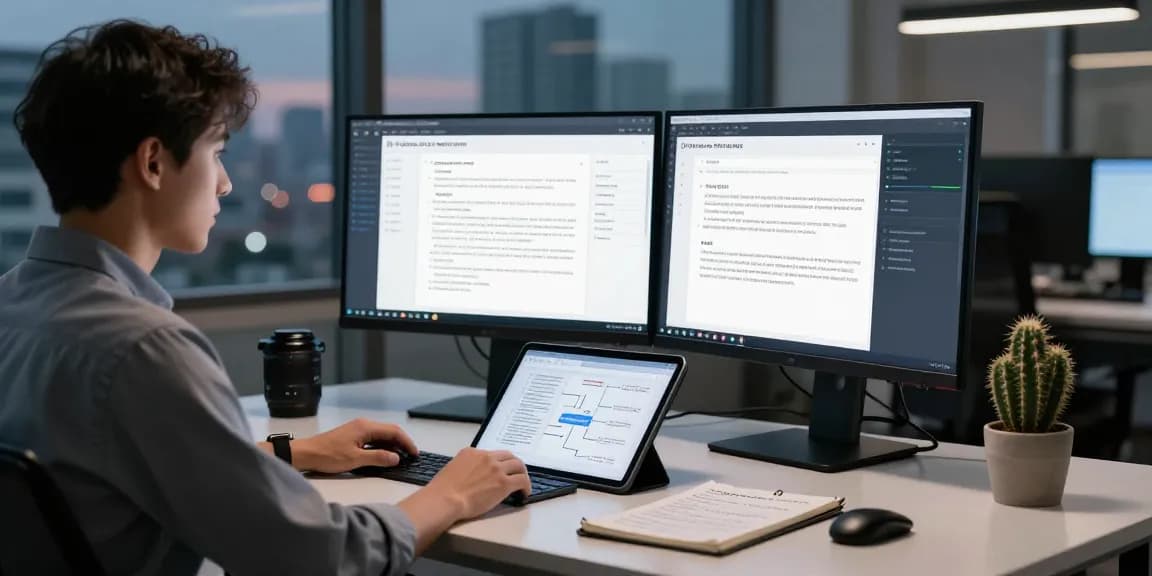 Data analyst using advanced technology to detect fraud in PDF documents in a professional workspace setting.