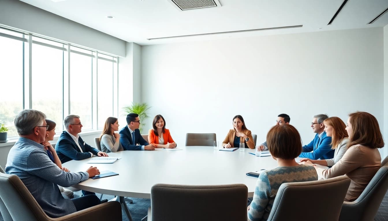 Mediation session showcasing a diverse group in collaborative discussion within a bright conference room.