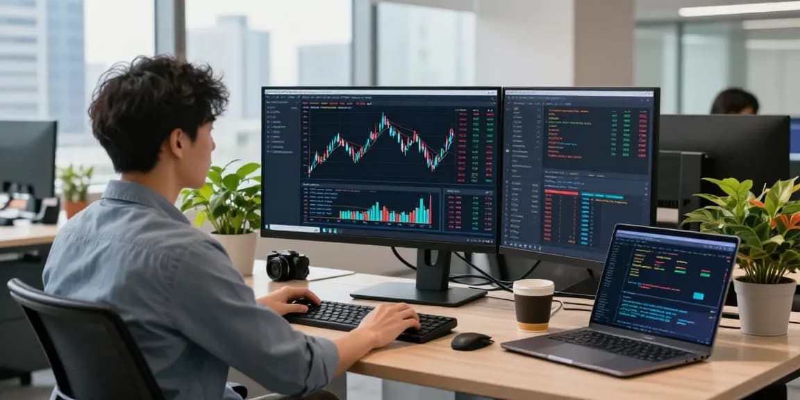 Taiwan stock historical Kline API displayed on a developer's monitor in a dynamic fintech workspace.