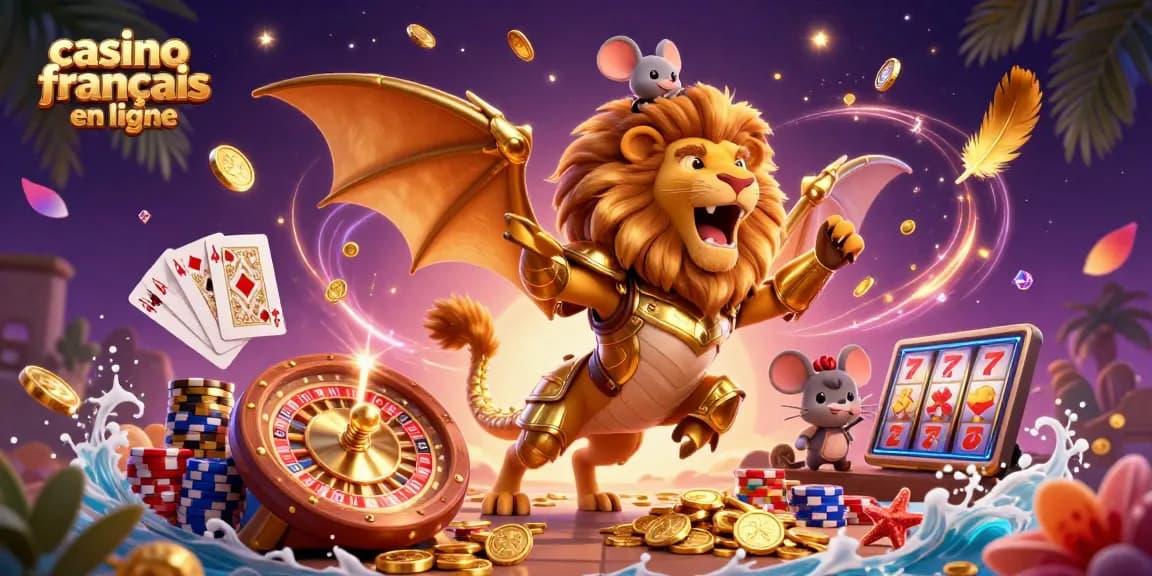 Profitez des sensations fortes des jeux de casino français en ligne avec une illustration captivante de créatures mythiques et de jetons colorés.