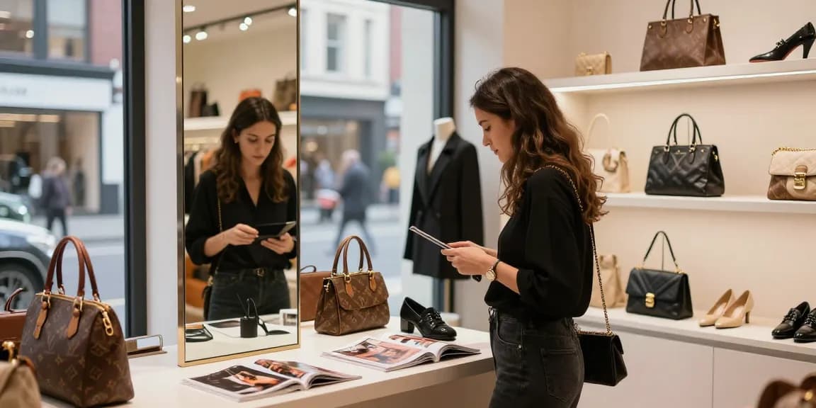 Shoppers appreciating quality 레플리카 luxury items in an inviting urban boutique.