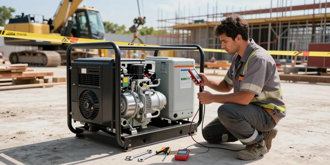 Technician inspecting a diesel genset at a construction site, showcasing reliable power solutions.