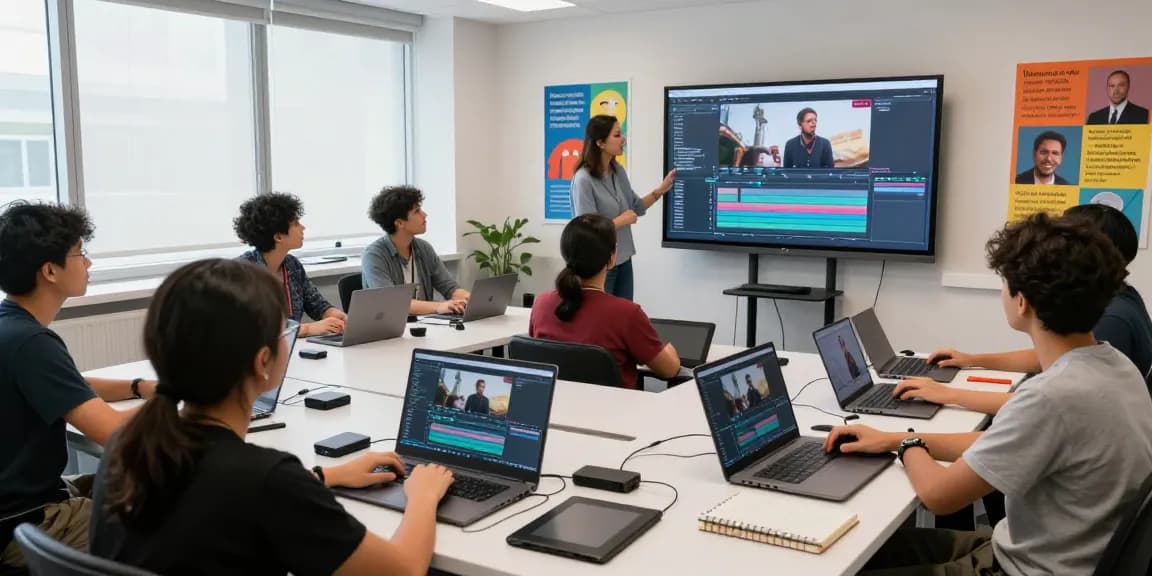 Engaging classroom scene showcasing the best video editing course for beginners, students learning video processing techniques with laptops and instructor.