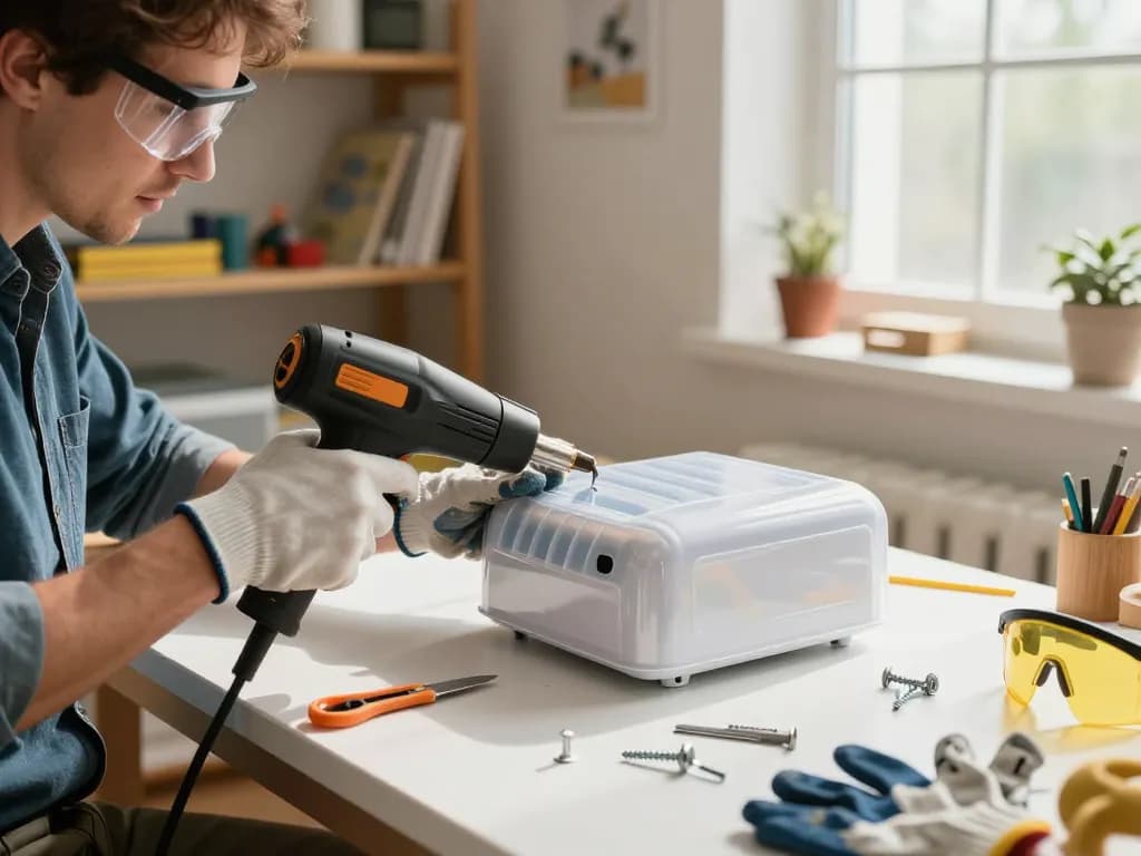 Mastering cách bóc miếng ép plastic in a home workshop setup, showcasing tools and process.