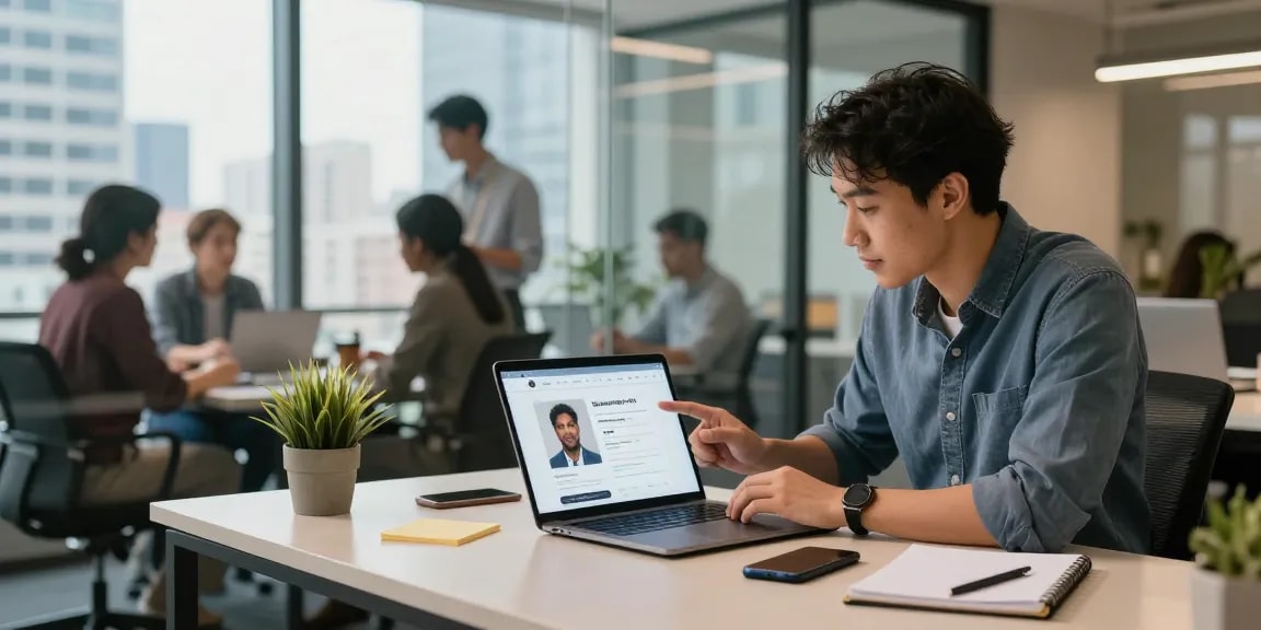 Strength up your portfolio. experience through a professional contractor reviewing their profile in a modern office.