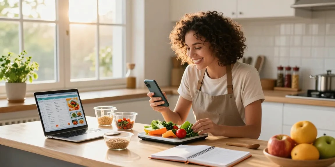Home cook using the best food tracking app while preparing healthy meals in a sunny kitchen.