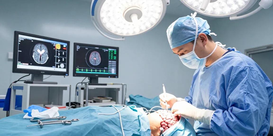 Brain surgery procedure showing a neurosurgeon in action using advanced technology and surgical tools for effective beyin ameliyatı.