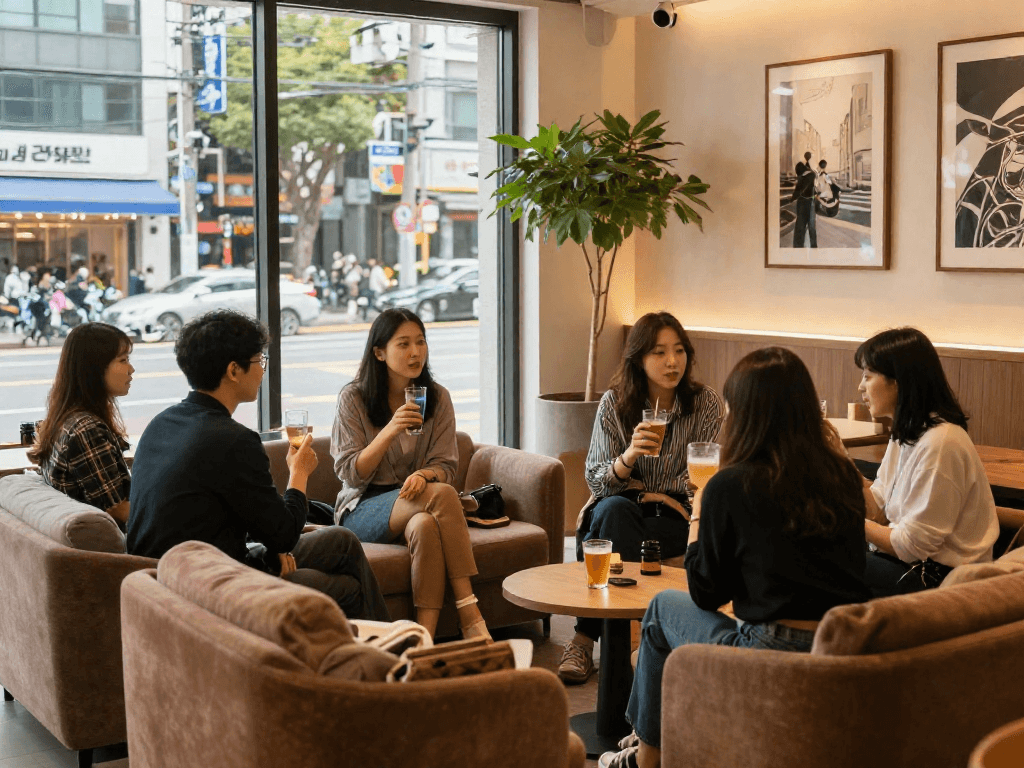 강남쩜오에서 친구들과 여유롭게 대화하는 모습과 아늑한 분위기
