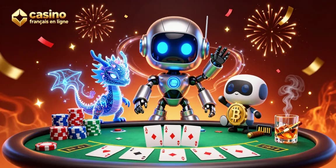 Jouer au casino français en ligne avec un robot cyberpunk et un dragon holographique