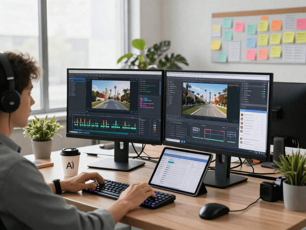 Detect AI image with advanced tools at a modern workspace for content moderation
