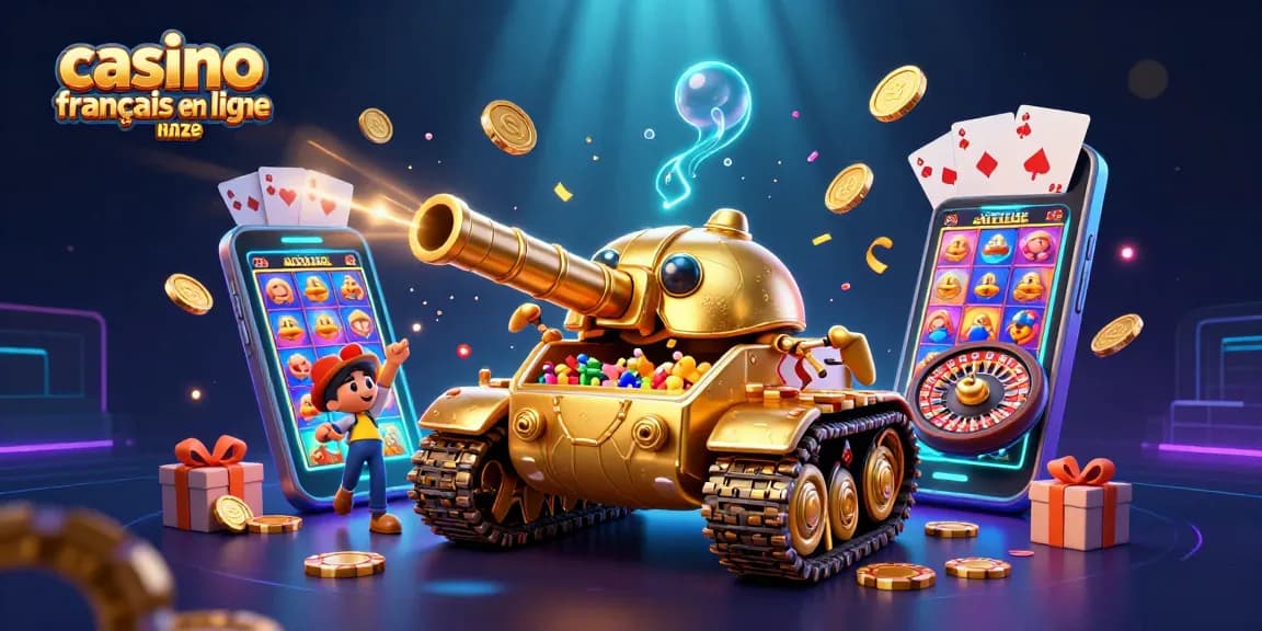Illustration dynamique de casino français en ligne avec un tank-bête rempli de jeux et de richesses scintillantes.