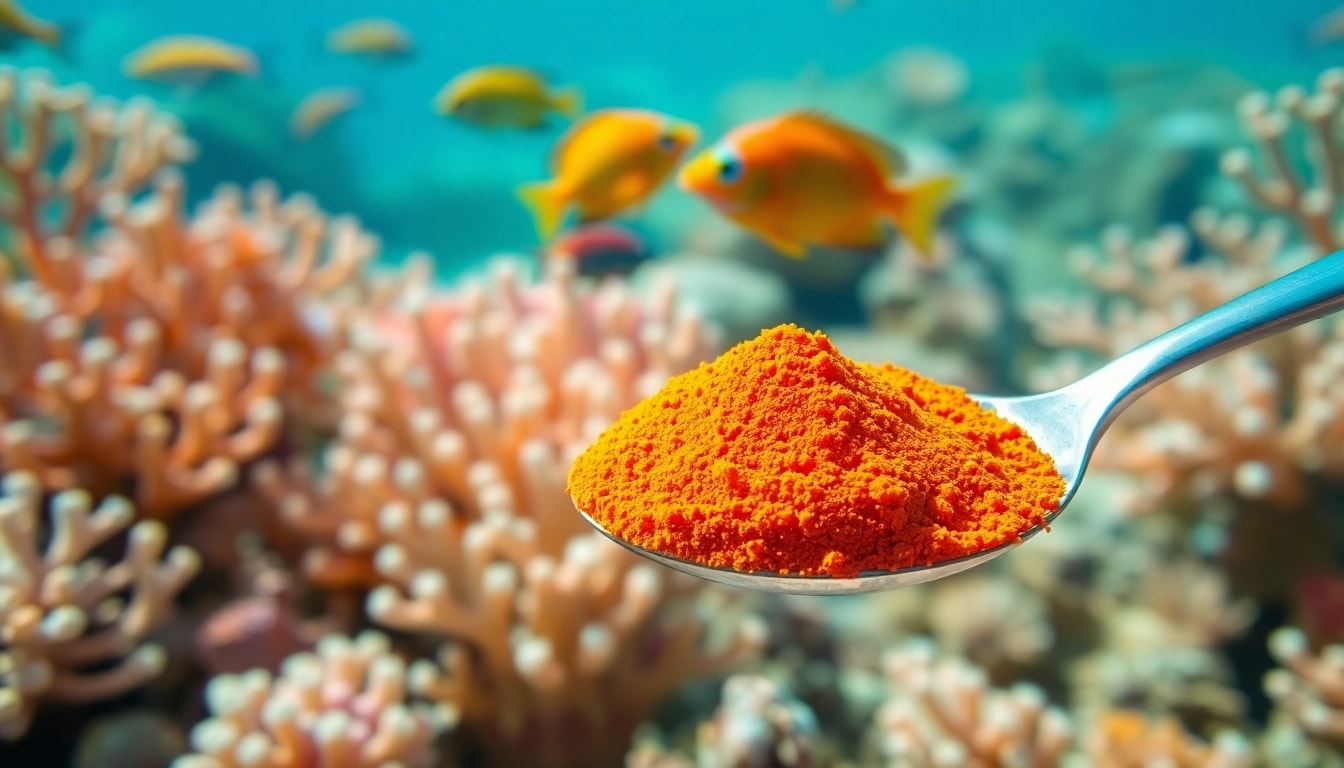 A vibrant display of astaxanthin antioxidant power in marine life and powder form.
