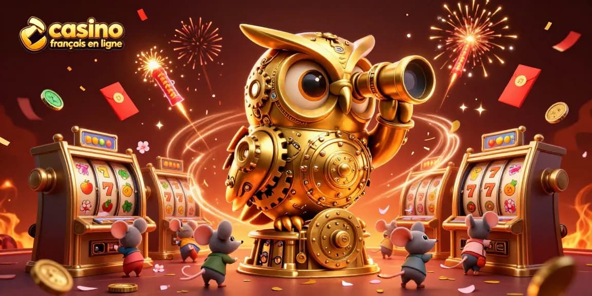 Illustration dynamique d'un casino français en ligne avec une chouette dorée et des souris jouant aux machines à sous.