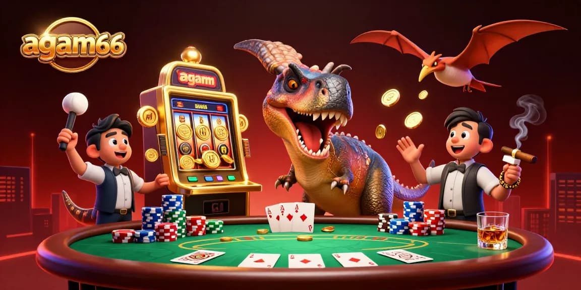 Experience thrilling wins at agam66, where a dinosaur triggers a jackpot on a golden slot machine.