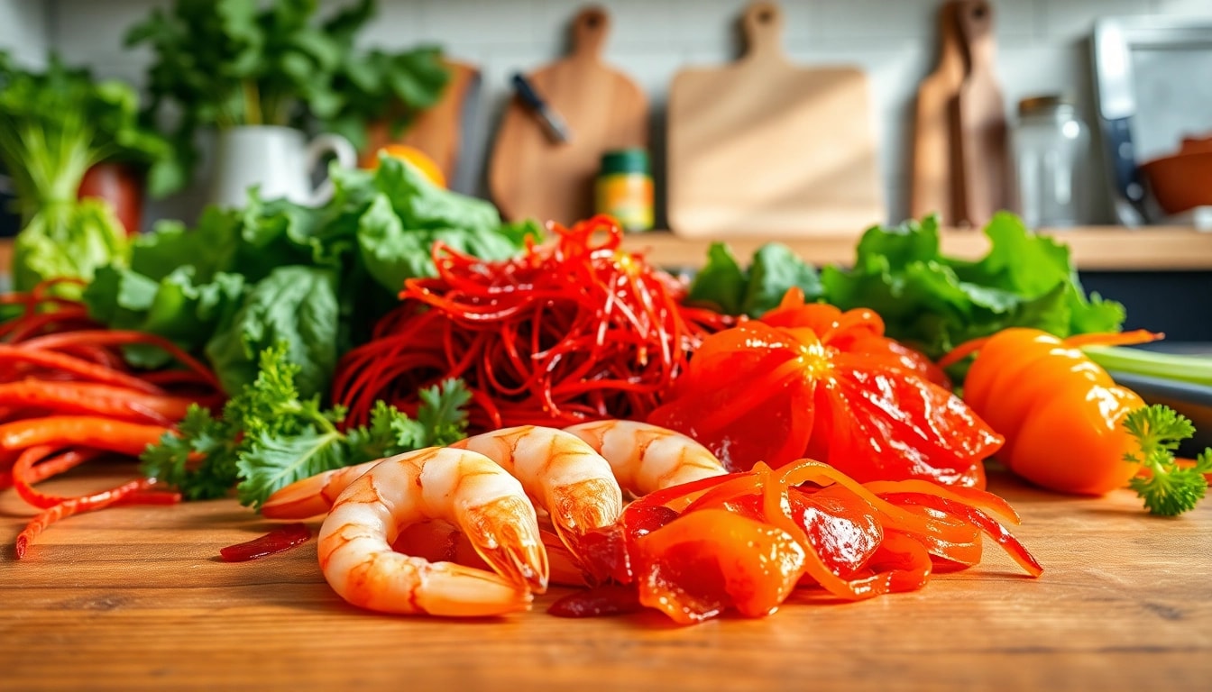 Showcasing astaxanthin antioxidant power through vibrant food arrangement on a table.