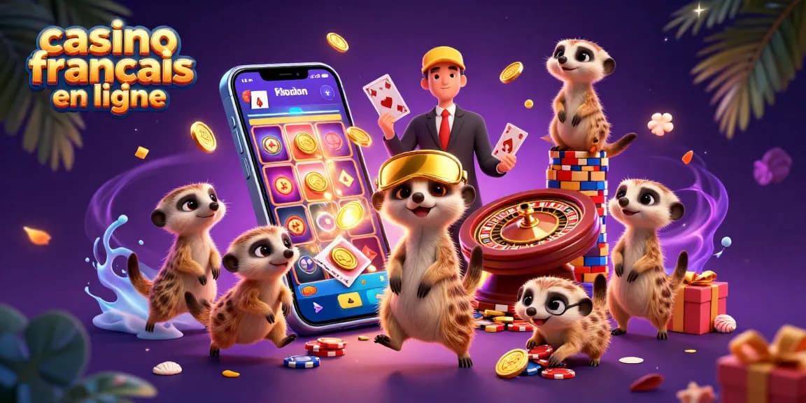 Casino français en ligne où des suricates gèrent une opération de jeu animée avec des éléments de jeux de cartes.