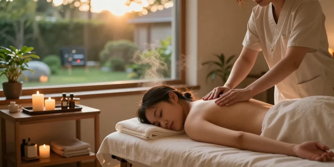 Serene head massage scene depicting relaxation and rejuvenation during 서울출장안마 therapy. Comforting elements include candles and essential oils.