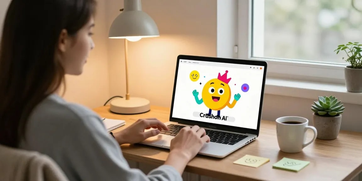 Engaging with Crushon IA chatbot in a cozy workspace setting.