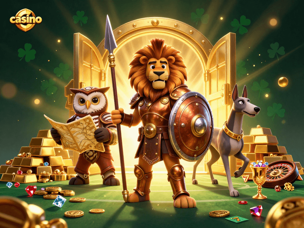 Experience the casino with a heroic lion, strategic owl, and swift greyhound amidst a treasure-filled scene.