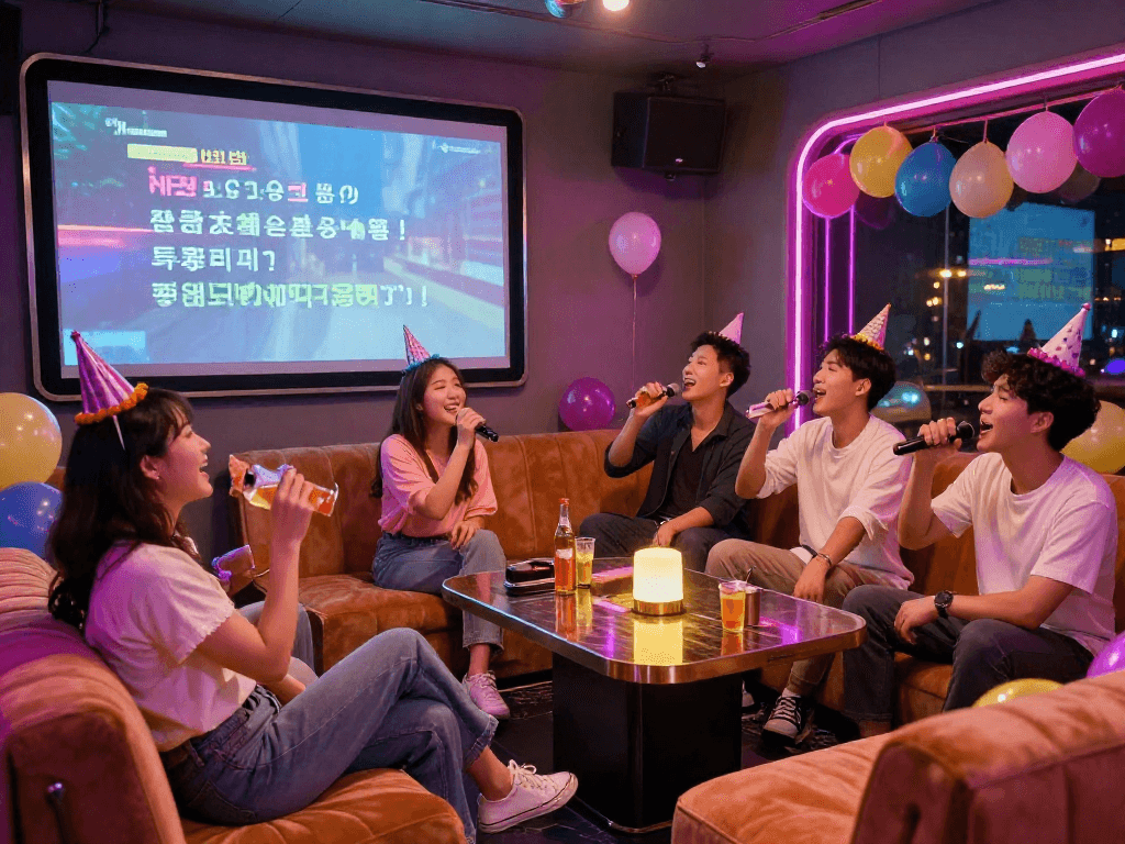 달토 가라오케에서 친구들과 즐거운 노래와 음료를 나누는 모습