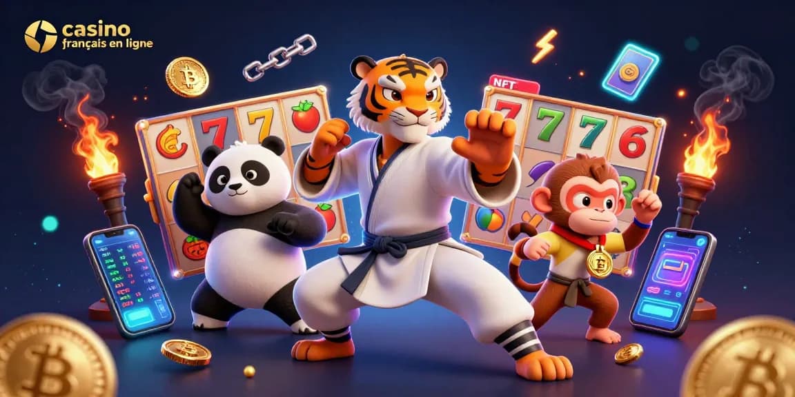 Jouer sur le casino français en ligne avec un tigre maître kung-fu et des personnages amusants entourés de jeux.
