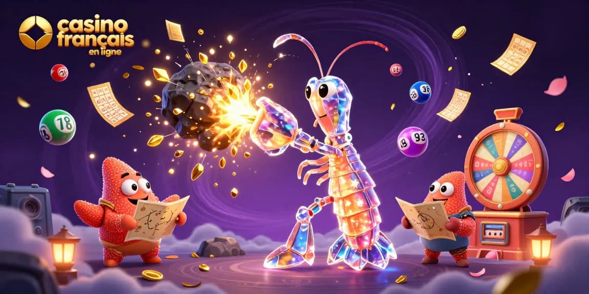 Profitez des jeux au casino français en ligne avec une scène dynamique et colorée d'une illustration 3D.