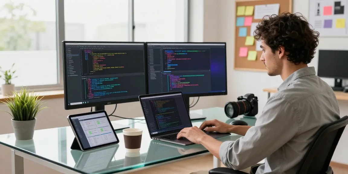 Developer working on software projects in a bright workspace showcasing innovative tools and technology for telegram官网.