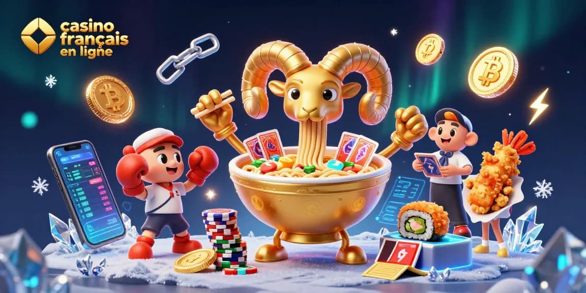 Action de jouer au casino français en ligne avec des personnages colorés et des éléments crypto autour.