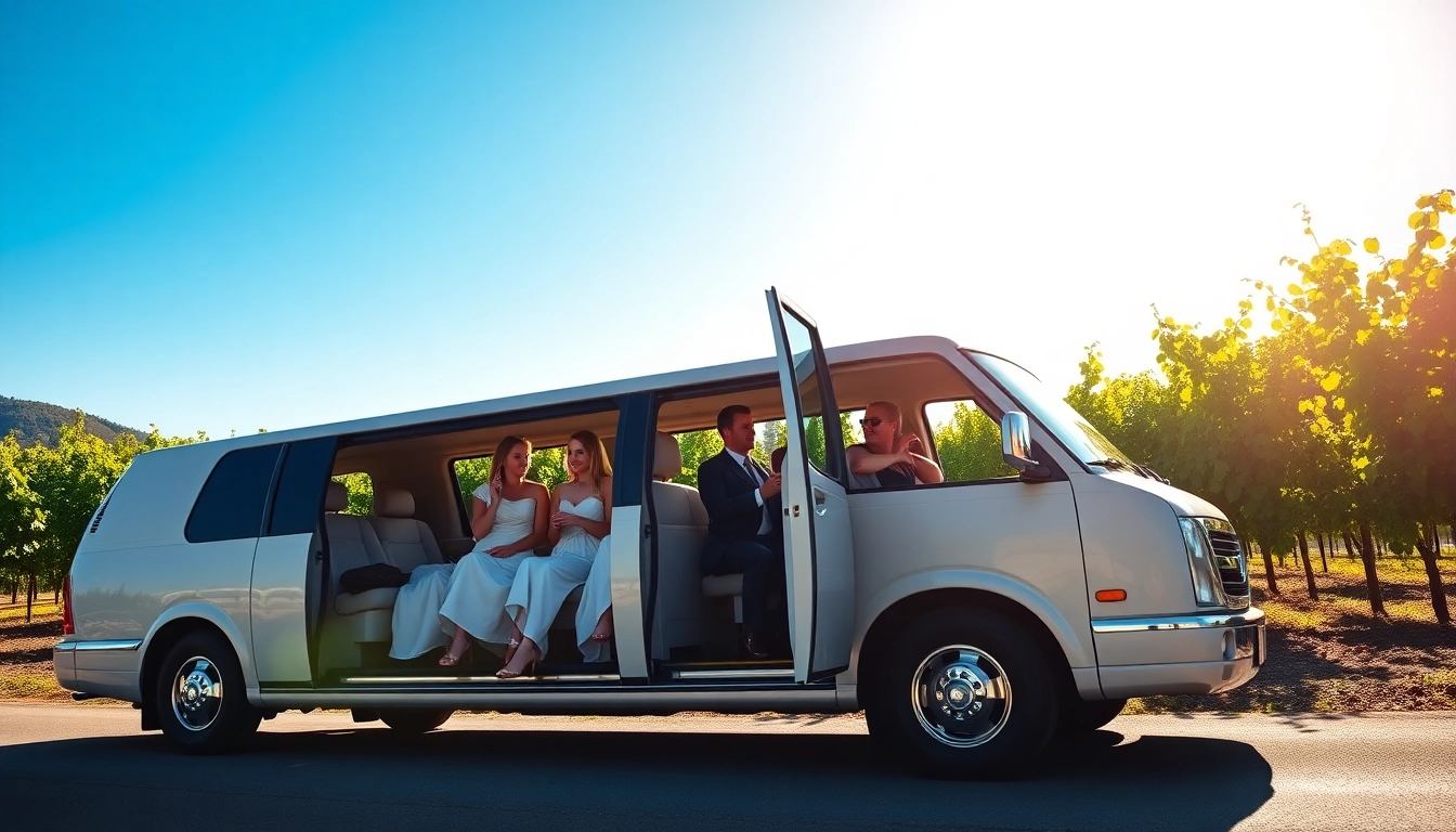 Experience a limo bus wine tour with guests enjoying scenic vineyards and luxurious interiors.