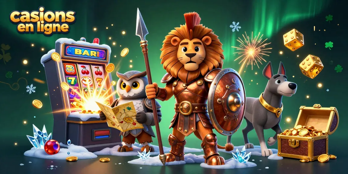 Jouez aux casinos en ligne avec une illustration colorée montrant le lion en armure et des machines à sous.