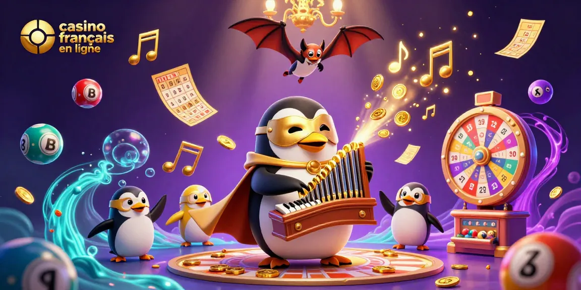 Profitez de l'univers captivant du casino français en ligne avec un pingouin opéra jouant de l'orgue.