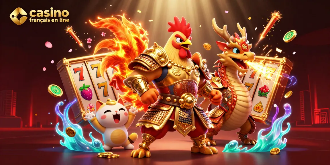 Visitez le casino français en ligne et plongez dans une illustration dynamique de guerriers et de symboles de jeu, idéal pour les amateurs de jeux.