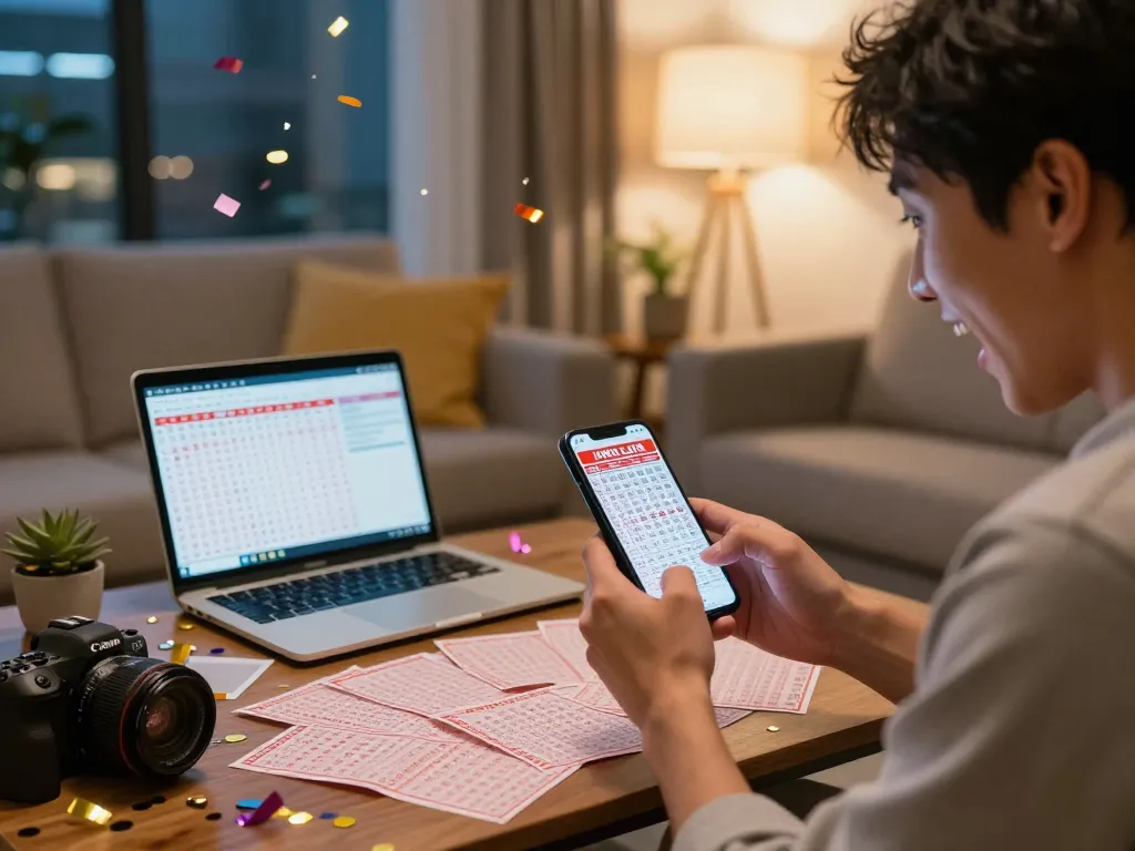 Person celebrating checking HK Lotto results at home with excitement.