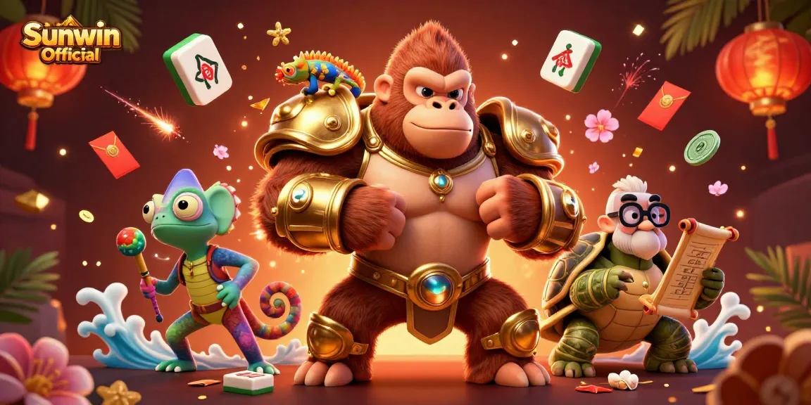 Win big at Sunwin Official with a dynamic 3D illustration featuring a gorilla king and vibrant casino elements.