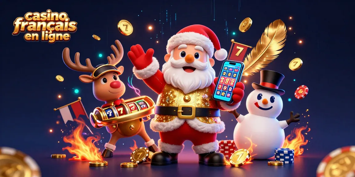 Illustration élégante présentant le casino français en ligne avec un Père Noël 3D et ses compagnons animés.