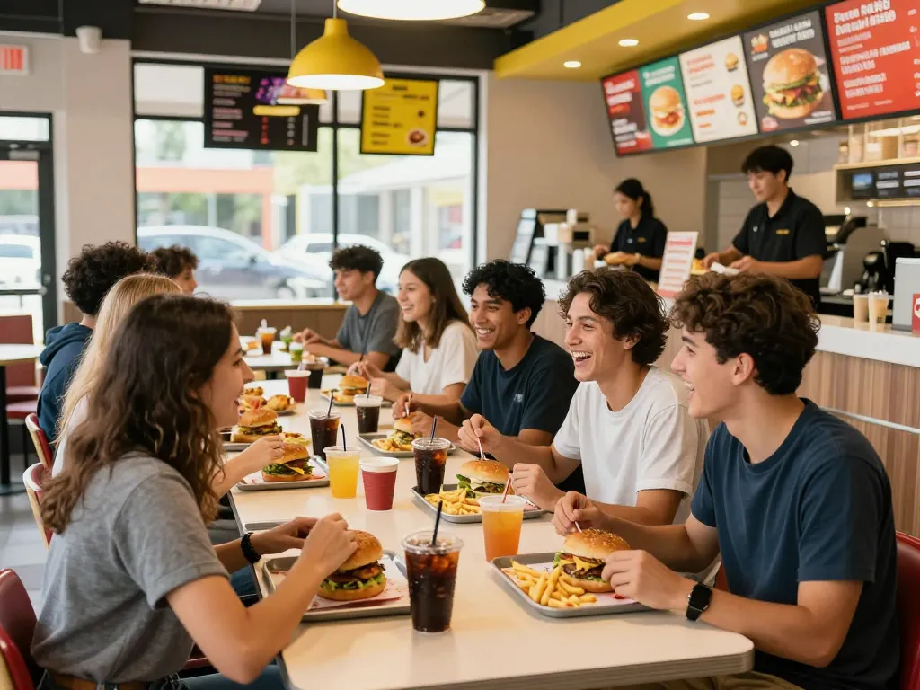 Exciting fast food scene showcasing diverse meals and fast food prices in a colorful restaurant.