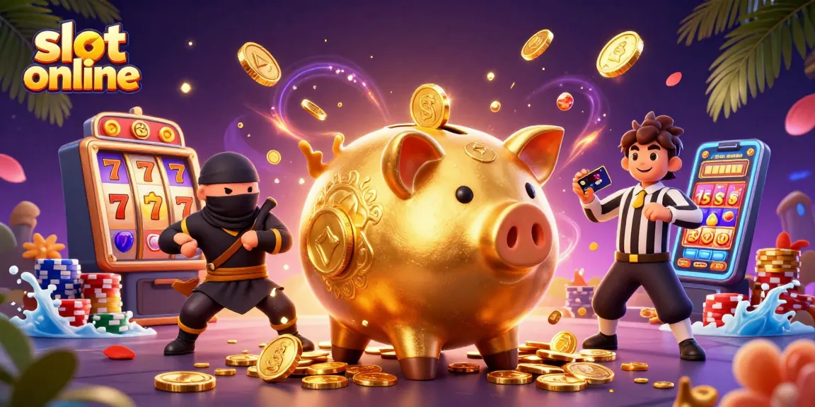 Permainan slot online dengan ikon slot, koin emas, dan karakter unik yang menghibur.
